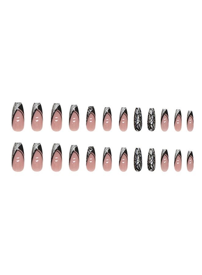 TOGZOM Black French Tip Press on Nails Medium Coffin Fake Nails Silver Glitter False Nails with Design Leopard Glue on Nails Short Acrylic Nails Stick on Nails for Women Manicure 24Pcs - Image 5